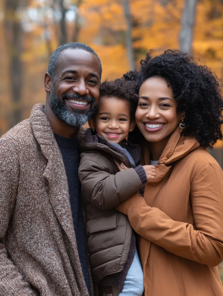 Smiling family walking together outdoors in the fall