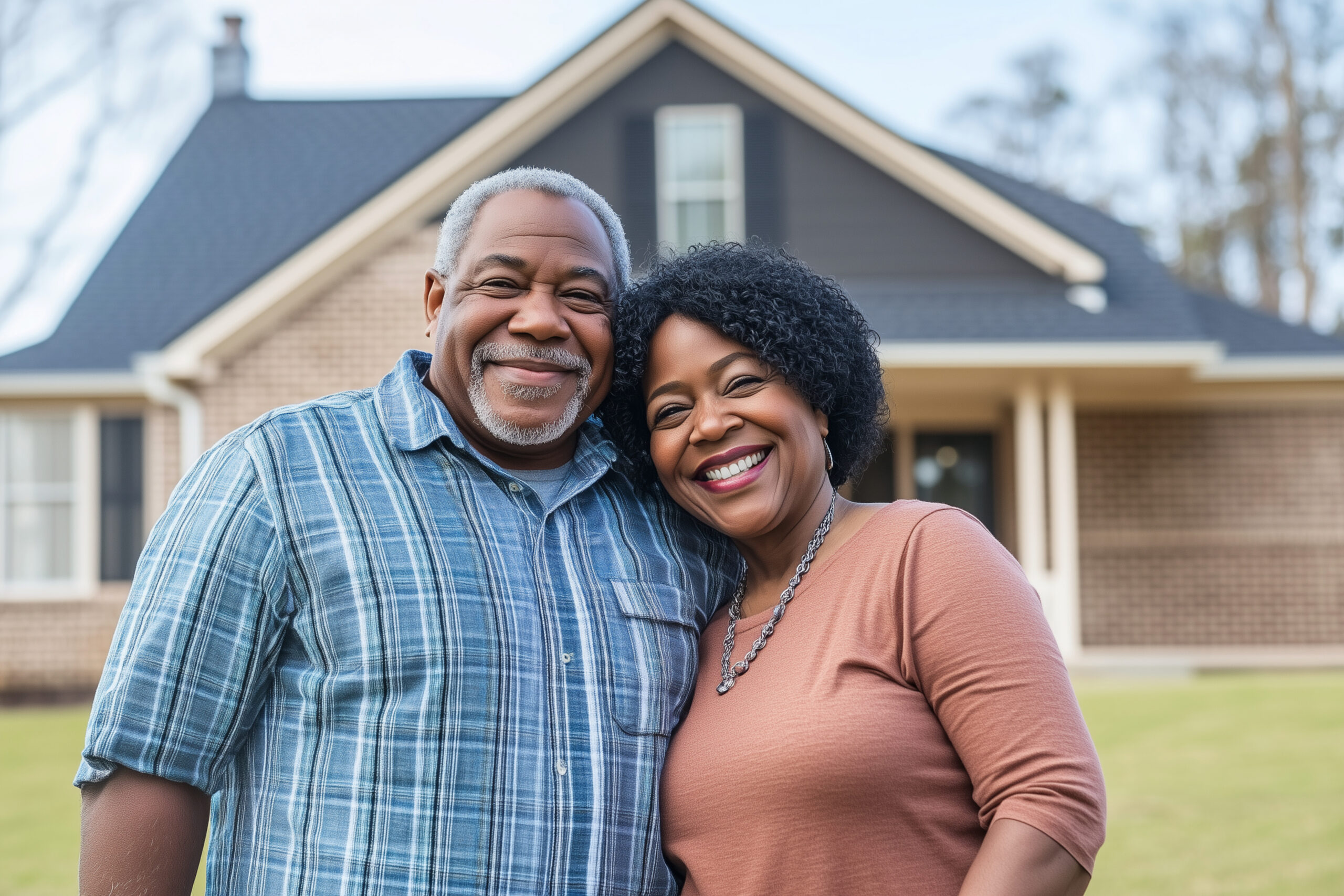 couple of older people are smiling and posing for a picture in front of a house. Scene is happy and friendly couple of older people are smiling and posing for a picture in front of a house. Scene is happy and friendly